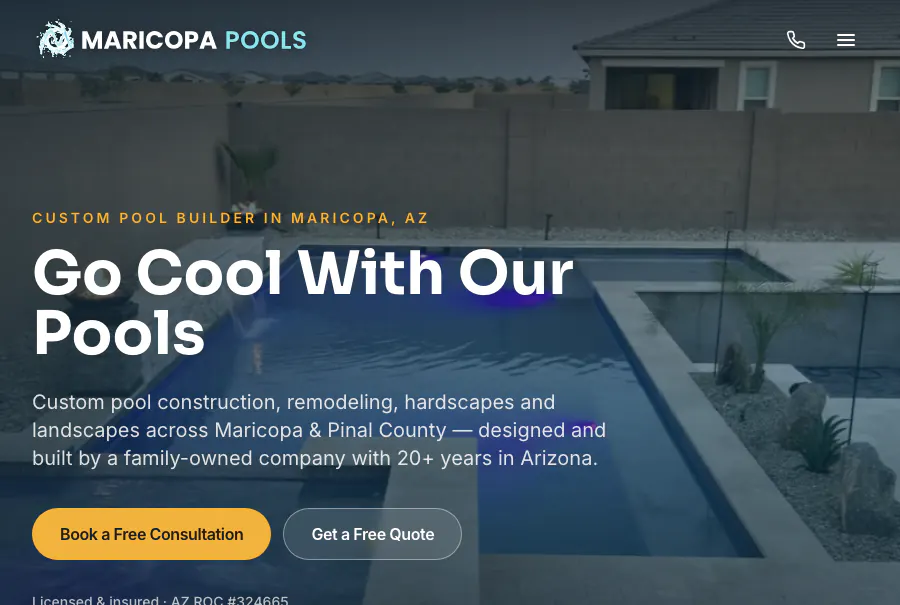 maricopapools.com home page: the licence and the review count are theirs, pulled from their listing